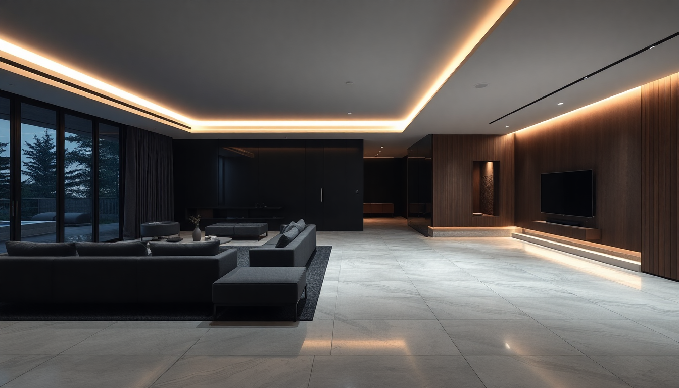 Interior modern cu pardoseala din beton lustruit si iluminat ambiental