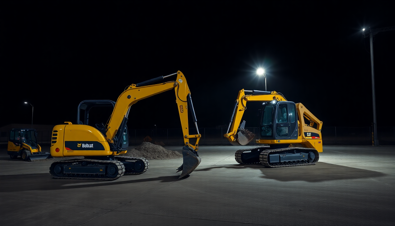 Mini excavator si bobcat pe santier iluminat noaptea